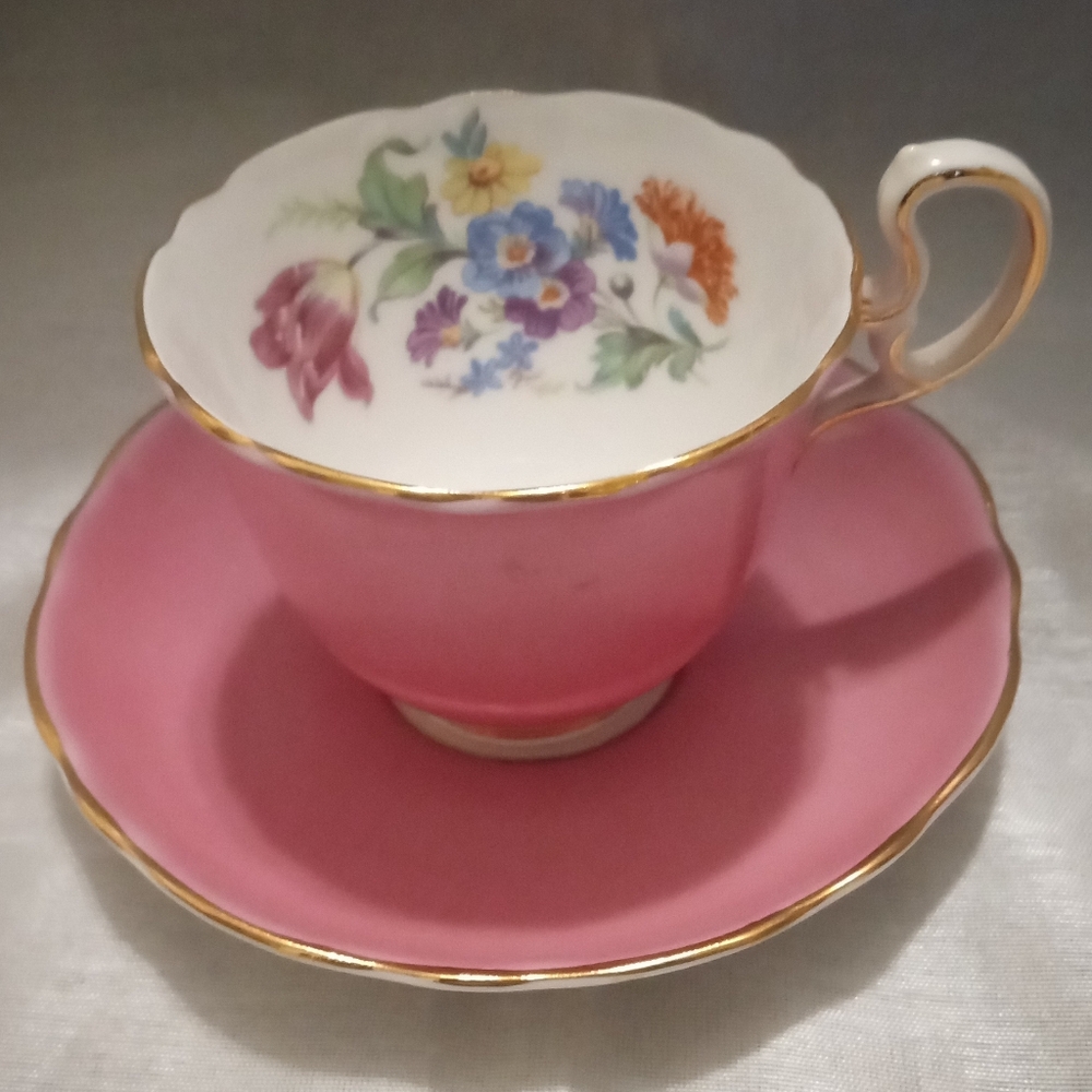 Aynsley Pink Floral Teacup and Saucer with Gold Trim